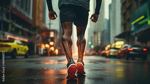 Close up athlete running on the road trail in sunset. AI generated image