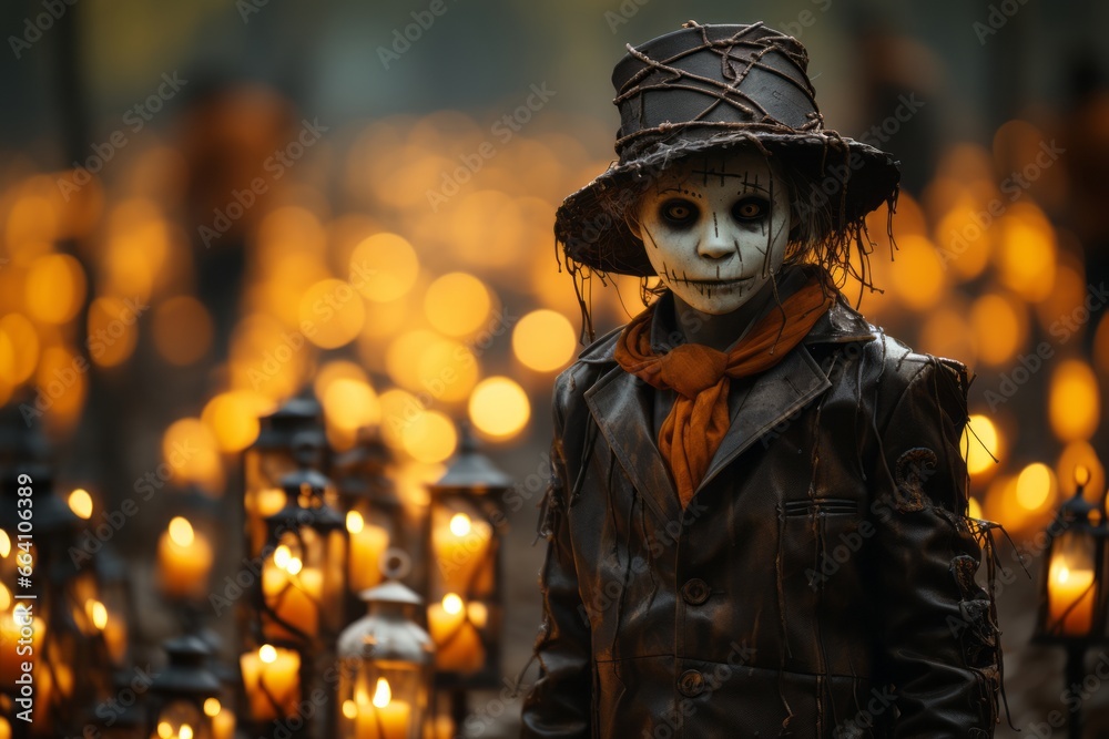 Halloween costumes creatively displayed amidst the eerie backdrop of a cemetery with Jack o' Lanterns. Generative Ai