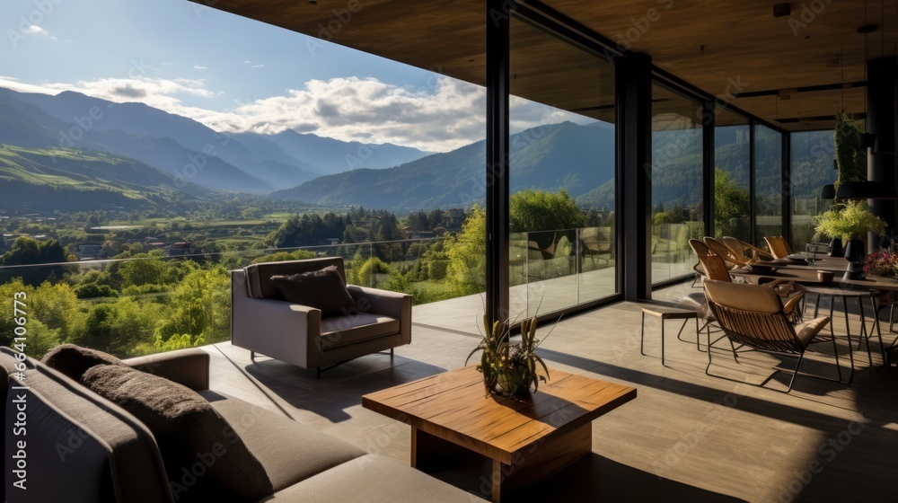 Fototapeta premium View from modern apartment to breathtaking mountain landscape with vegetation