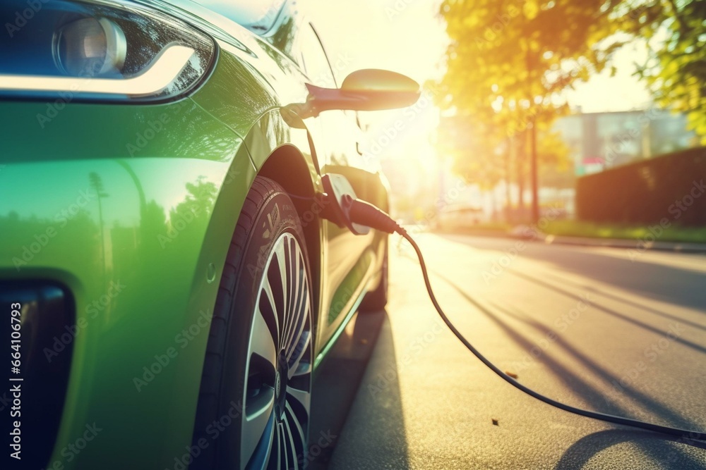 Closeup of electric car charging outdoors with the power plug cord