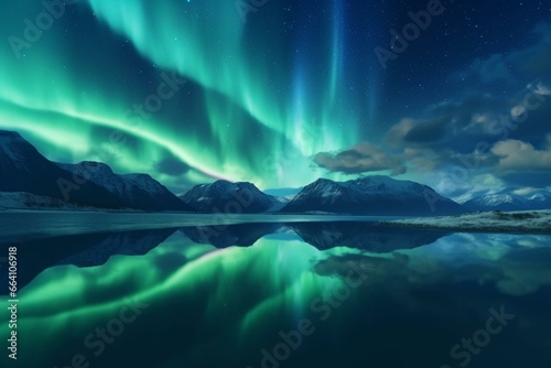 Reflection of aurora borealis in water. Background of blue northern lights with space for text. Generative AI