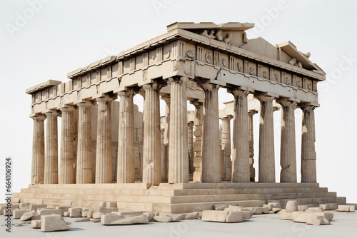 The Parthenon in Athens, Greece, isolated on white background. A temple on the Athenian Acropolis dedicated to the goddess Athena. Generative AI