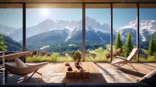 View from modern apartment to breathtaking mountain landscape with vegetation © Damian Sobczyk