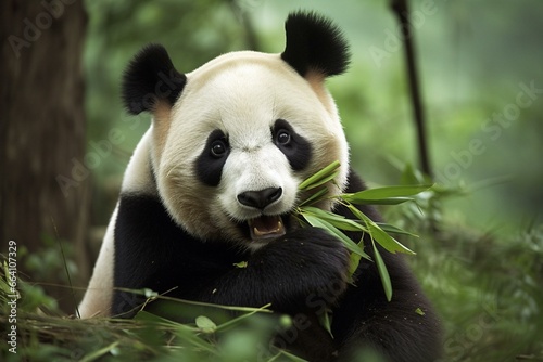 Large panda devouring bamboo. Generative AI © Endellion