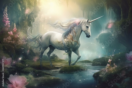 Illustration of a mythical creature in a dreamy backdrop  featuring a unicorn and enchanting elements. Generative AI