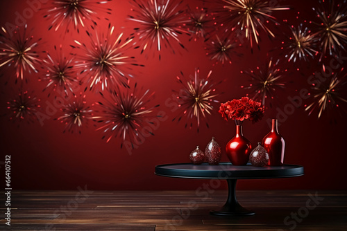 New year, fire work, ruby red color background, copy space, empty space. AI generative