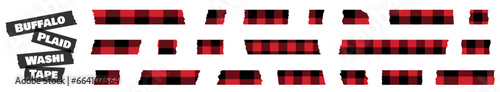 Vector set with red and black lumberjack buffalo plaid Christmas torn stripes of adhesive paper tape for scrapbooking and holiday decoration