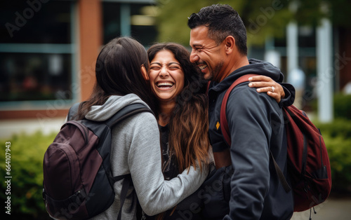 Teenager leaving to a college is hugging parents for goodbye photo