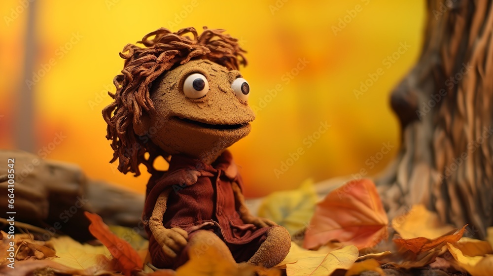 Cute little autumn muppet in the forest with leaves of the fall