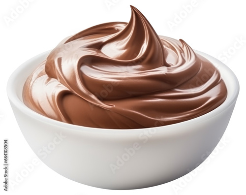 Melted chocolate cream inside of white bowl on isolated transparent background