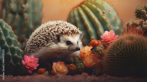 Friendly hedgehog climbing the cactuses in autumn decoration photo