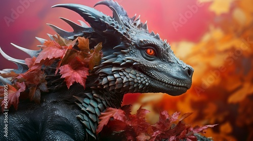 Dragon head close-up in autumn decoration with leaves fantasy fall scenery
