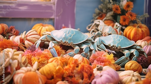 Crabs and crustaceans in autumn studio decoration traveling fall advertisement scene photo