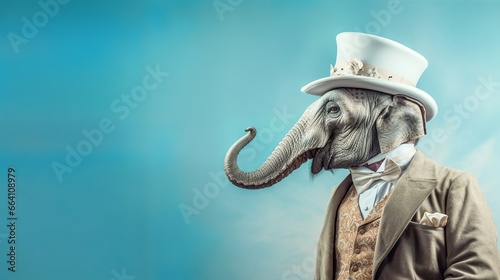 Anthropomorphic elephant victorian portrait on solid pastel background for advertisement photo