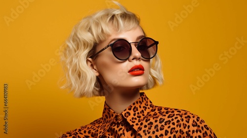a woman with a leopard print sunglasses on her sh