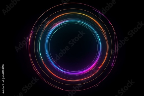 Abstract glowing neon light circle on black background. Generative AI