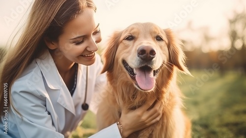 beautiful female veterinarian with a golden retriever dog photo