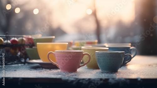 Blurred garden party background on cozy winter day. Romantic concept
