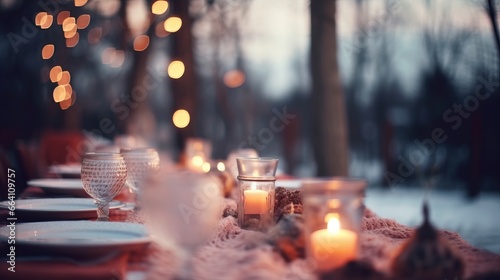 Blurred garden party background on cozy winter day. Romantic concept