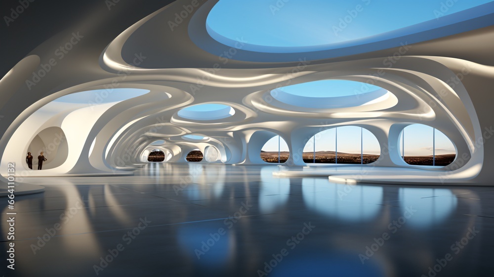 Luxury interior design of a modern building. 3d render of interior of modern office building. 3d illustration Luxury interior design of a modern building. 3d render of interior of modern office building. 3d illustration