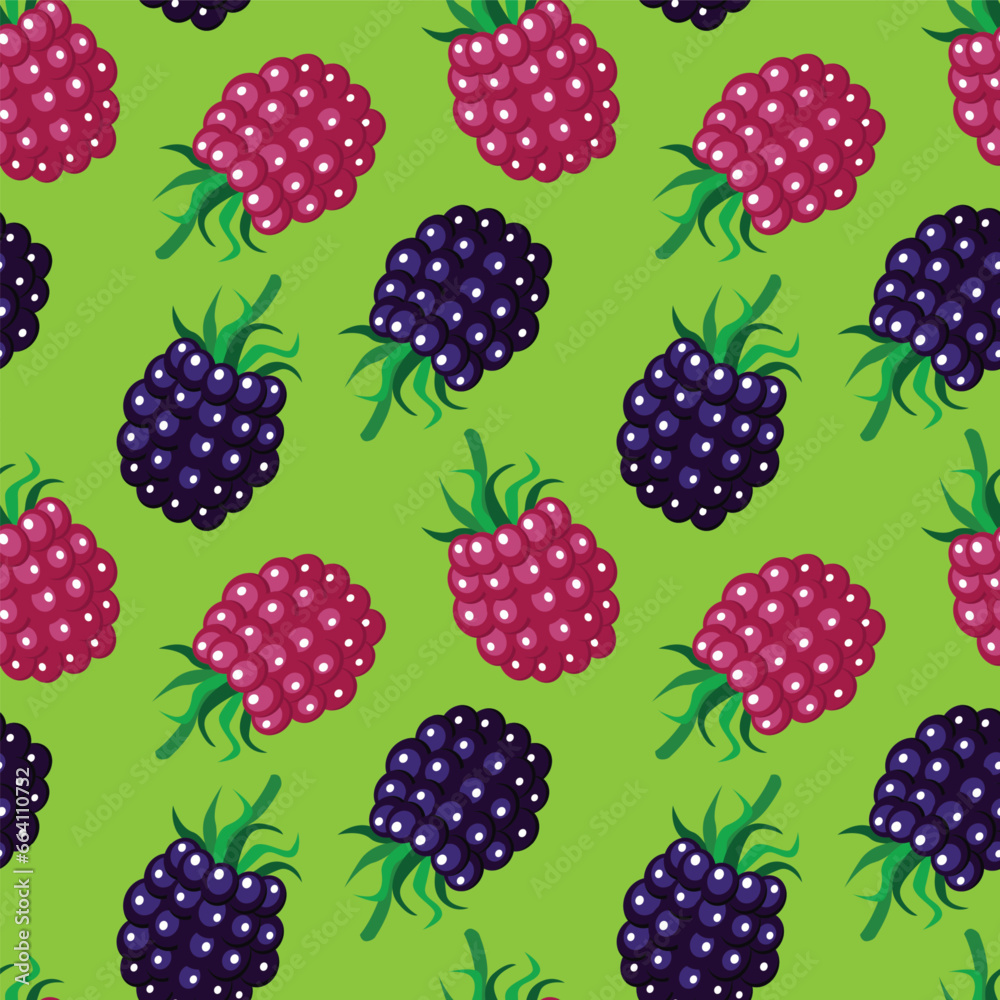 Blackberry and raspberry seamless pattern on colorful background. Vector illustration.	