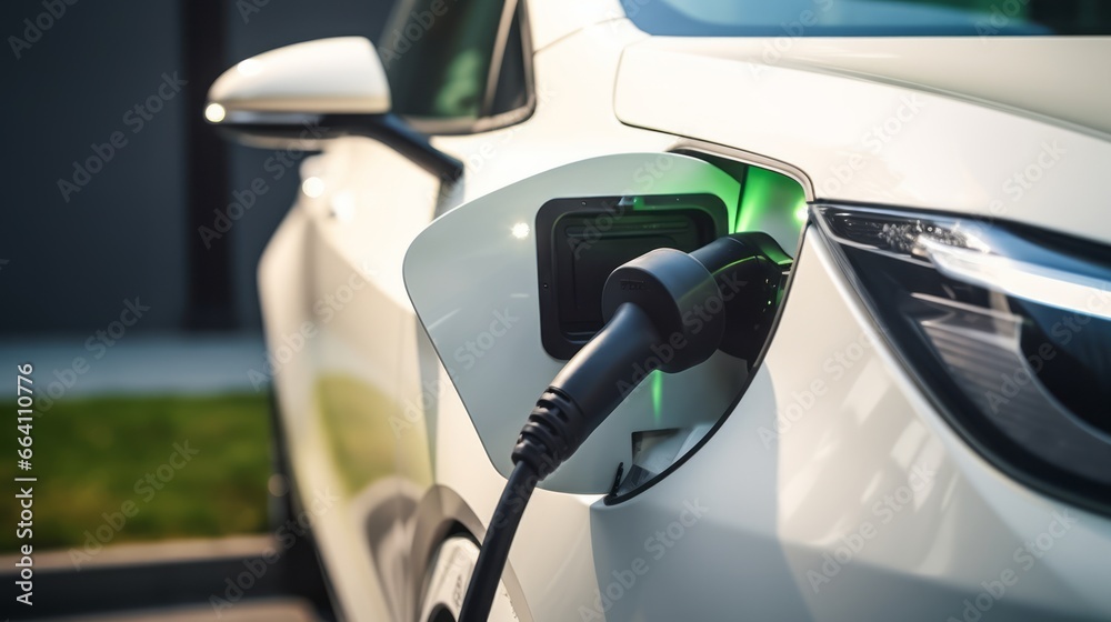 A charging cable connected to the car. A charging cable connected to the car.