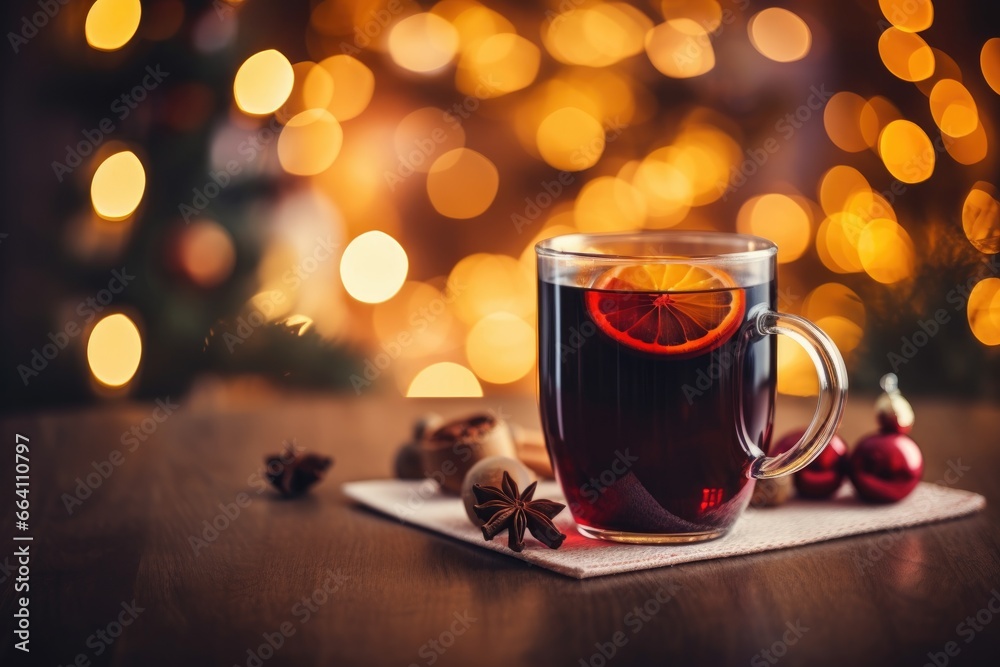 Christmas mulled red wine with spices and fruits on a wooden table against a background of Christmas lights. Traditional hot drink at Christmas Christmas mulled red wine with spices and fruits on a wooden table against a background of Christmas lights. Traditional hot drink at Christmas