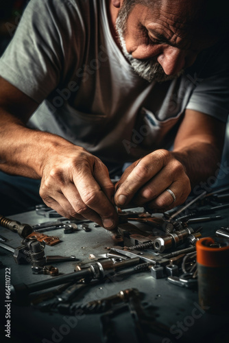 A close-up photography of a mechanic hands repairing engine parts photo