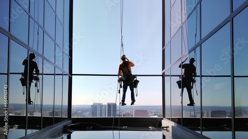 Male worker at height. safety inspection or cleaning services.