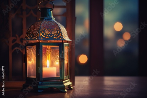 Ramadan Kareem - decorative lantern with glowing candle at evening. Generative AI photo