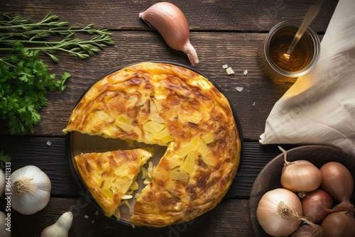 An omelette made with potatoes and onions, commonly known as Spanish tortilla, viewed from above against a rustic background. Generative AI photo