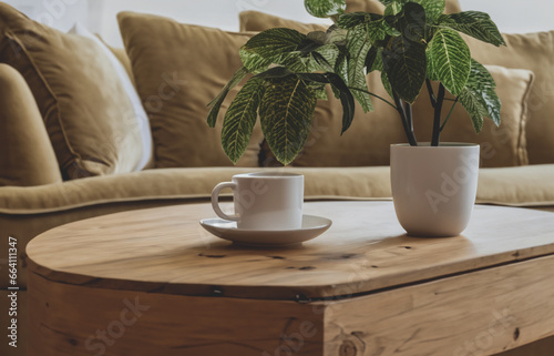 Beautiful cup of cappuccino on the table in front of sofa in modern house with plants and nice view.