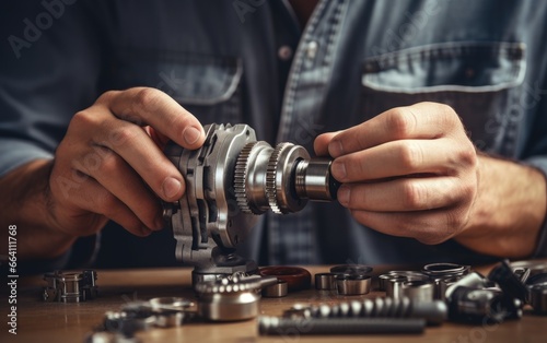 A close-up photography of a mechanic hands repairing engine parts