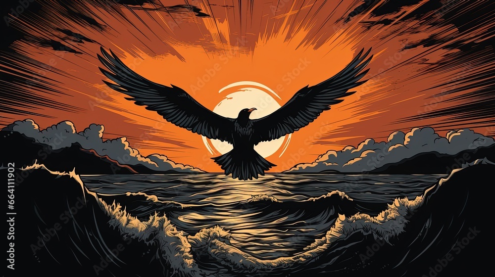 an image of a raven flying over the ocean at sunset. Fantasy concept , Illustration painting.