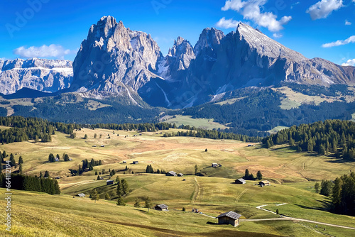 Iconic panorama of Sassolungo - Langkofel mountain group in autumn at Seiser Alm Alpe di Siusi, Dolomites, South Tyrol, Italy photo