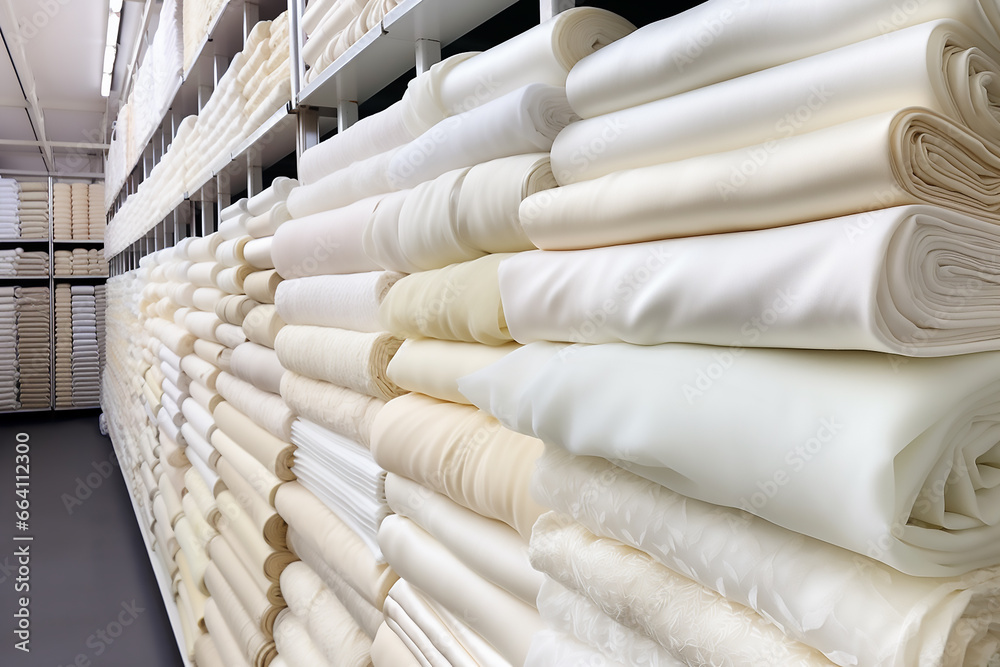 warehouse of wedding fabrics. Many white and beige fabrics of different types are folded in even piles on racks. Sewing wedding business.