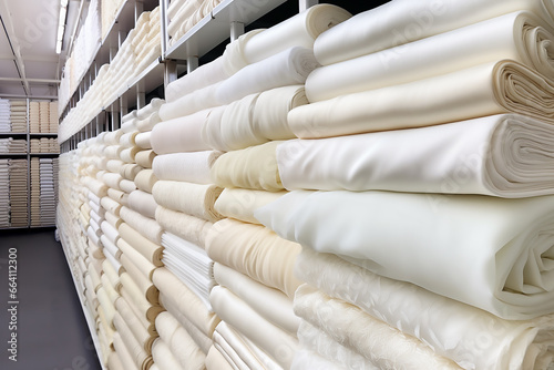 warehouse of wedding fabrics. Many white and beige fabrics of different types are folded in even piles on racks. Sewing wedding business. © Iryna Medvedeva
