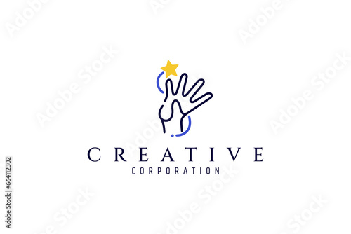 child hand reaching for stars with line art logo design