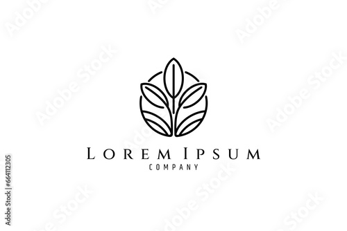 Leaf bud logo in circle frame with linear design style