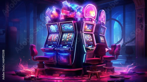 a slot machine in a dark room with glowing lights. Fantasy concept , Illustration painting.