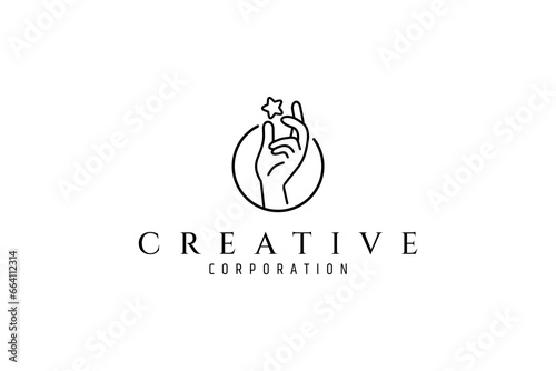 hand reaching for stars with circle combination line art logo design