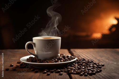 coffee cup with steam surrounded by coffee beans. High quality photo © Starmarpro