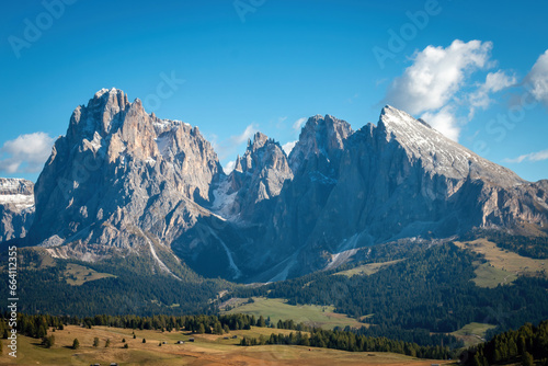 Iconic panorama of Sassolungo - Langkofel mountain group in autumn at Seiser Alm Alpe di Siusi, Dolomites, South Tyrol, Italy photo