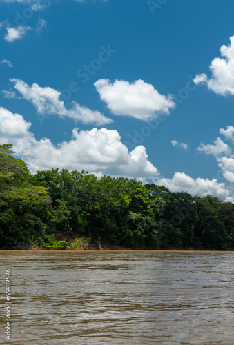 Meta, Colombia. September 22, 2023: Landscape with forests on the shore and view of the Guayabero River. Colombia. 