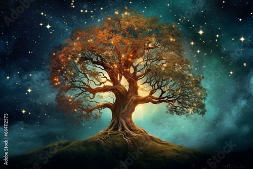 Stunning magical tree amidst starry night. Generative AI