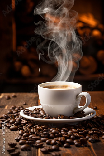 coffee cup with steam surrounded by coffee beans. High quality photo