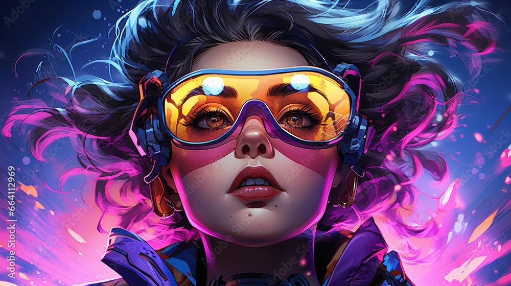 a girl wearing protective goggles and neon light. Fantasy concept , Illustration painting. a girl wearing protective goggles and neon light. Fantasy concept , Illustration painting.
