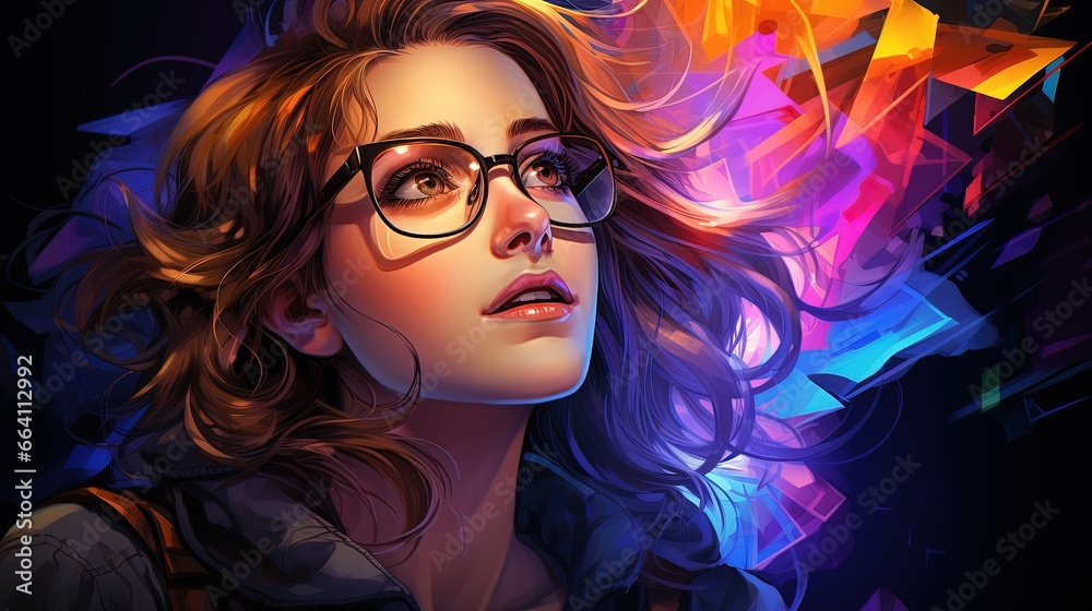 a girl wearing glasses infront of colorful geometric shapes. Fantasy concept , Illustration painting.