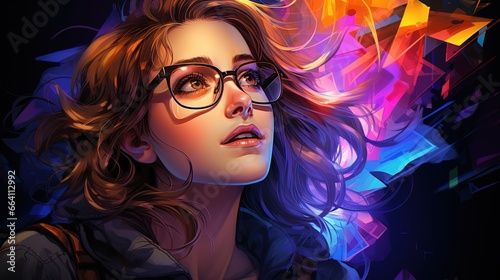 a girl wearing glasses infront of colorful geometric shapes. Fantasy concept , Illustration painting.