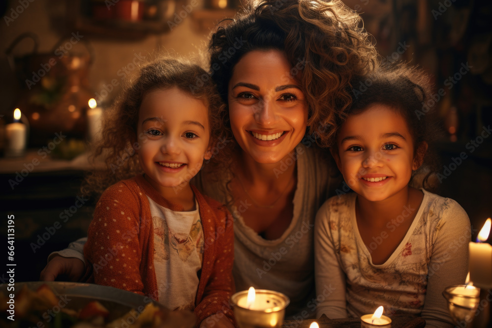 Woman and two young girls sitting in front of plate of food. Perfect for illustrating family meals and joy of sharing meals together.